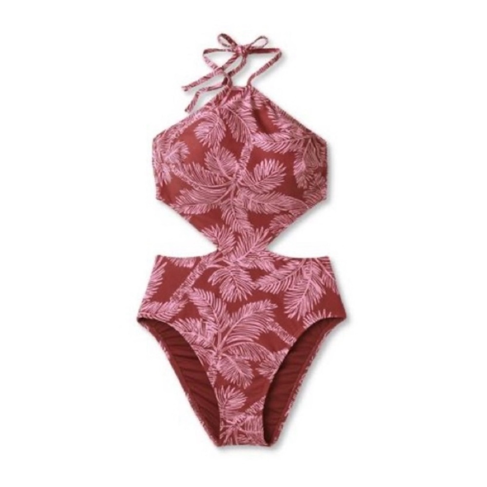Shade and Shore swimsuit women's Medium  Halter One Piece Rust Palm Print NWT